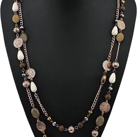 BOCAR 2 Layer Long Link Chain Necklace Crystal Beads Women Party Long Necklace - Picture 3 of 4